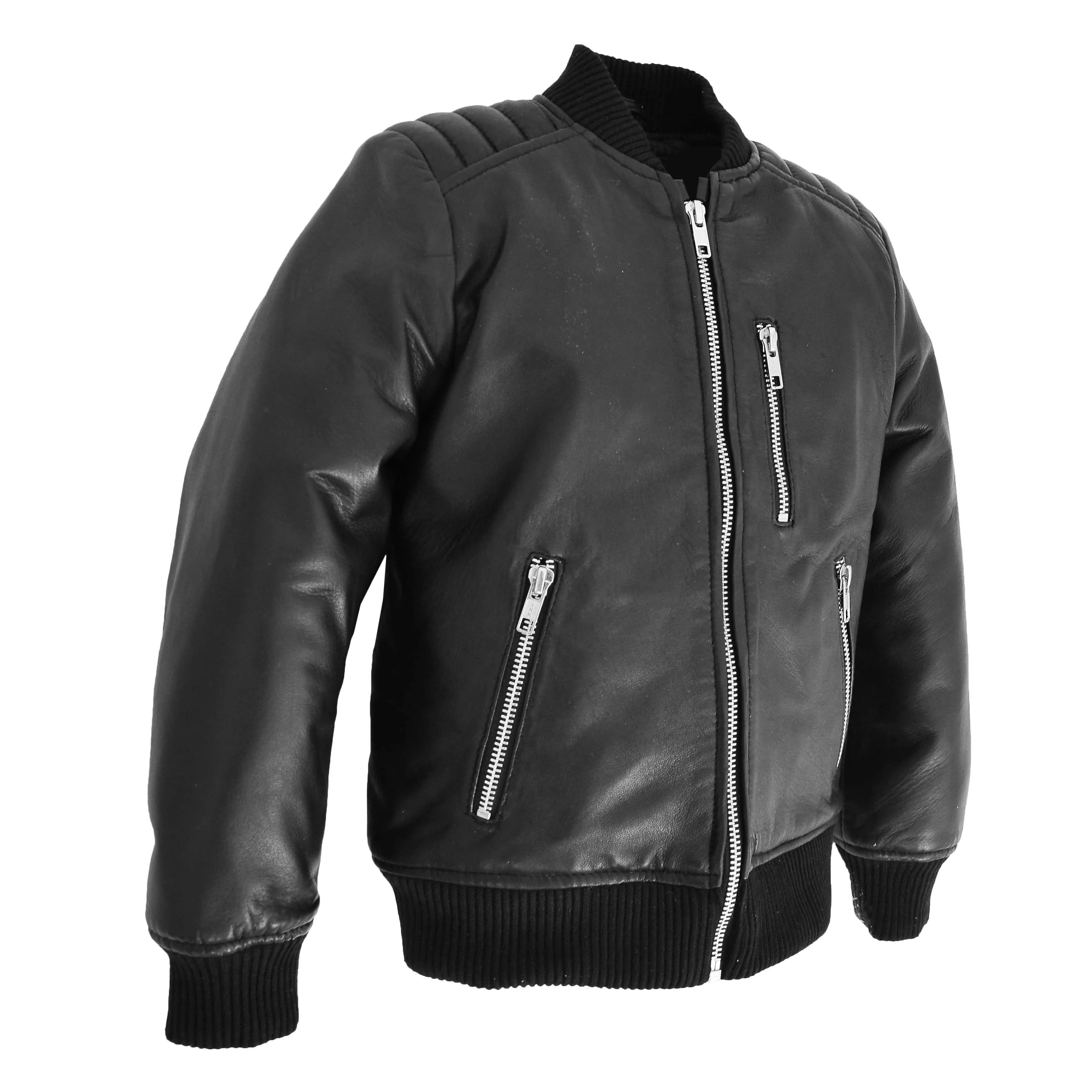 Boys Real Leather Bomber Varsity Style Jacket Lucas Black