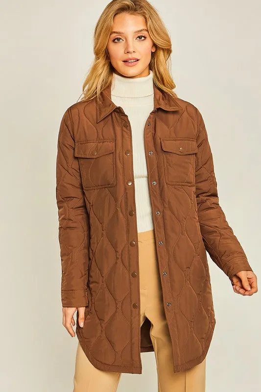 Brown Diamond Quilted Long Line Shacket