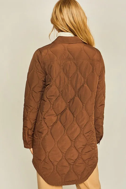 Brown Diamond Quilted Long Line Shacket