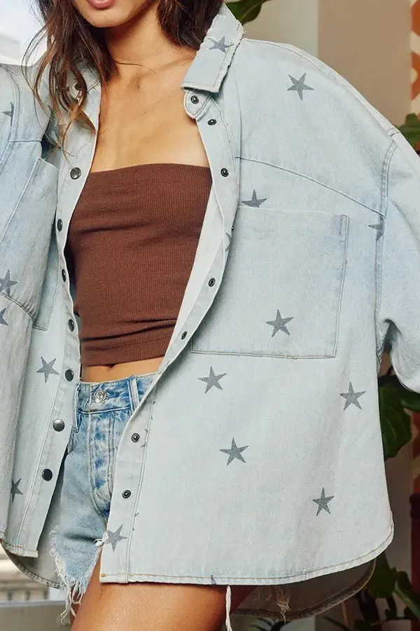 Bucketlist Star Print Washed Denim Shirt Jacket Shacket