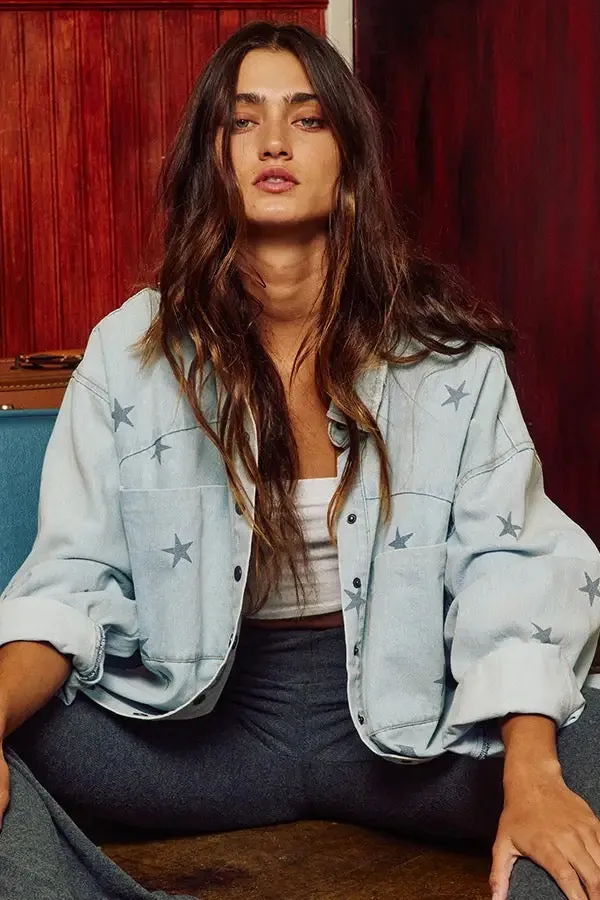 Bucketlist Star Print Washed Denim Shirt Jacket Shacket