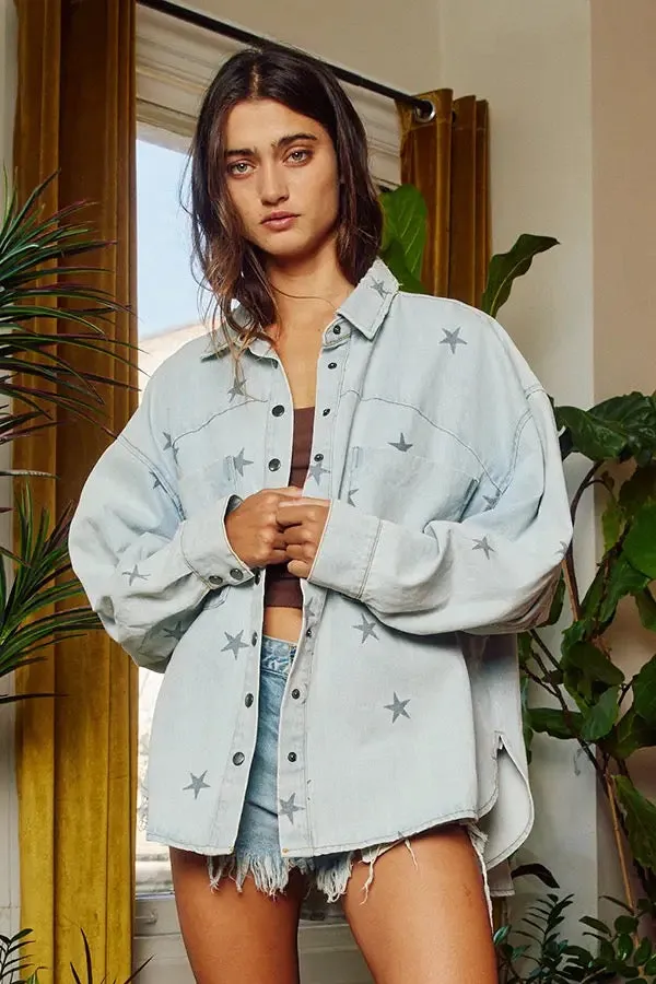 Bucketlist Star Print Washed Denim Shirt Jacket Shacket