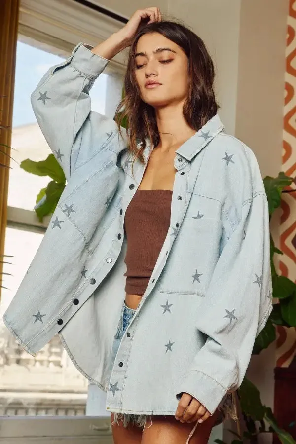 Bucketlist Star Print Washed Denim Shirt Jacket Shacket