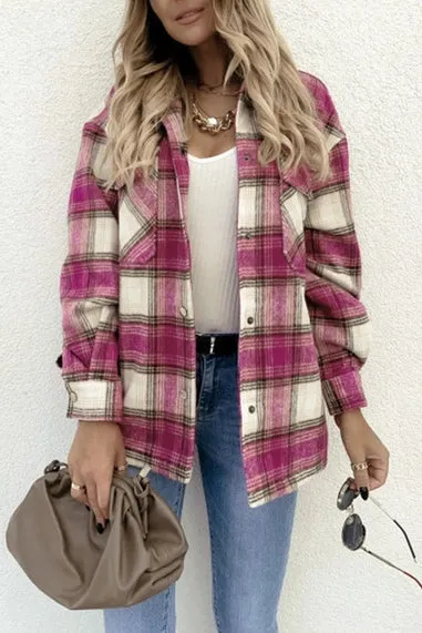 Button Up Pockets Plaid Shacket- Rose Red