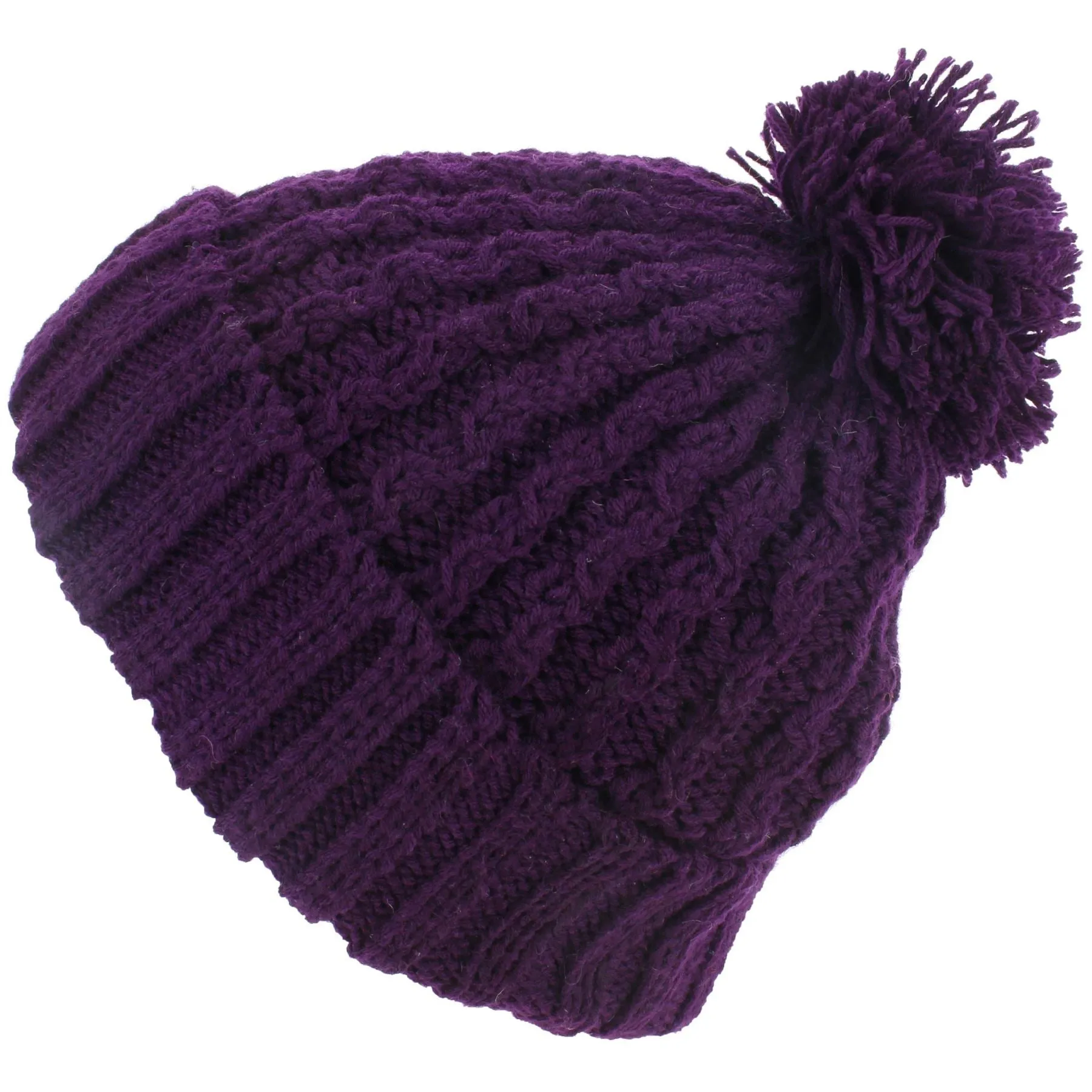 Cable Knit Bobble Beanie Hat - Purple