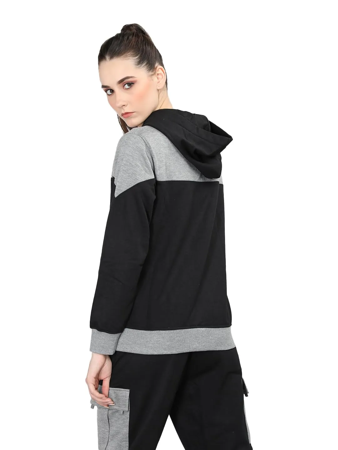 CHKOKKO Women Winter Sports Zipper Hooded Stylish Jacket Light Grey Black XL