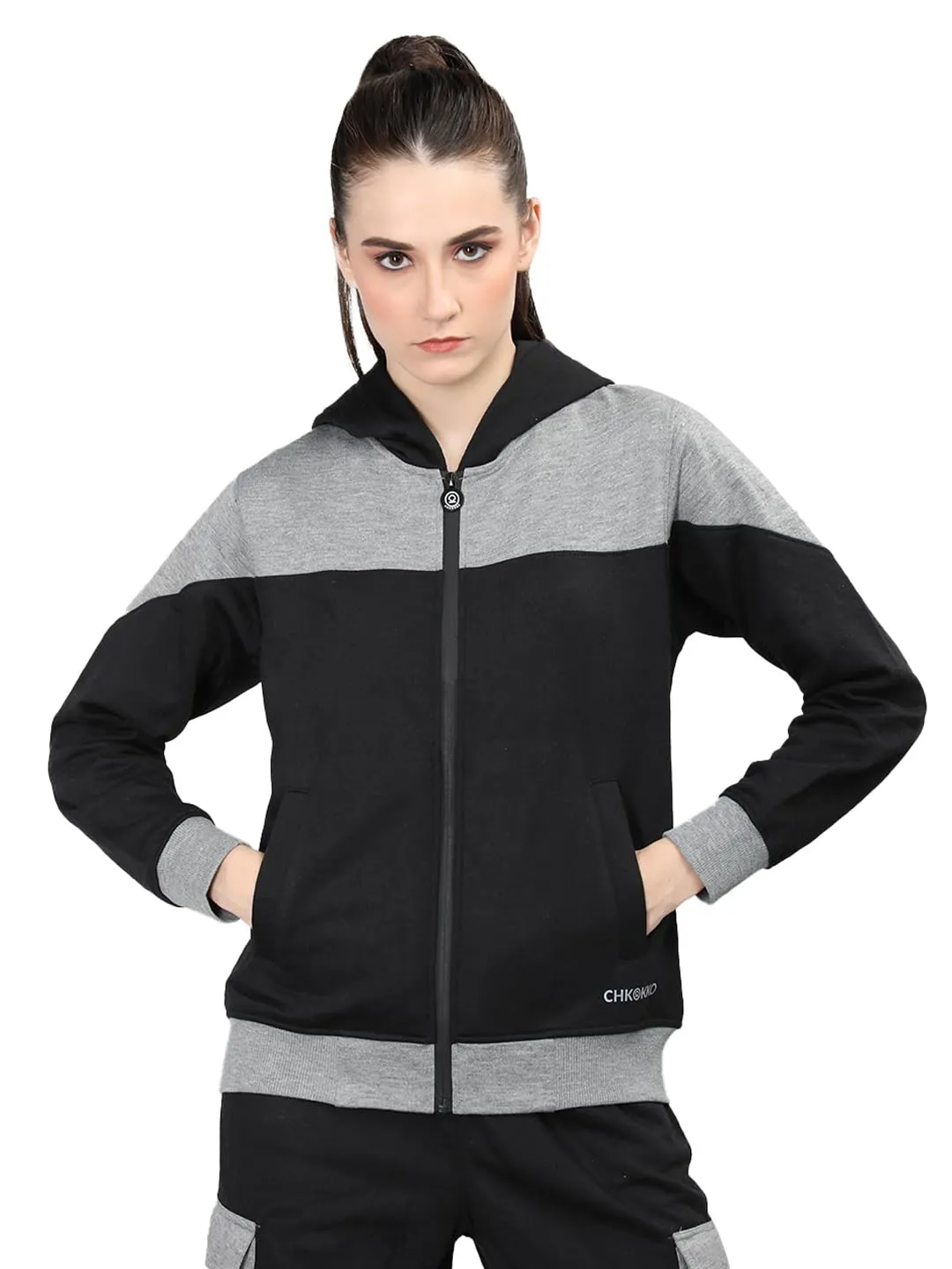 CHKOKKO Women Winter Sports Zipper Hooded Stylish Jacket Light Grey Black XL