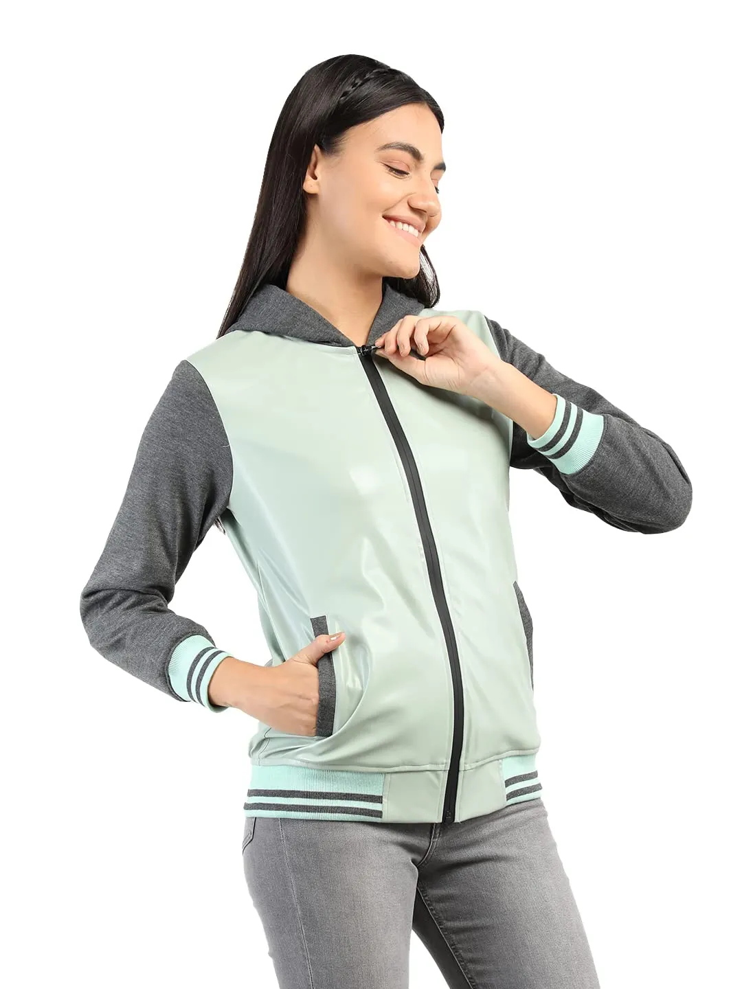 CHKOKKO Women Winter Sports Zipper Hooded Stylish Jacket LightGreenAnthra M