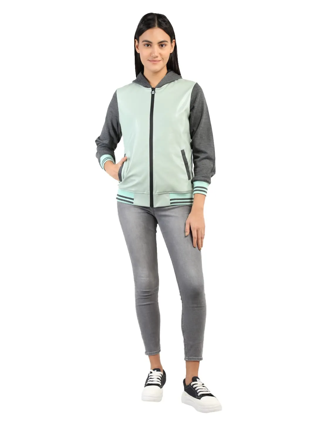 CHKOKKO Women Winter Sports Zipper Hooded Stylish Jacket LightGreenAnthra M