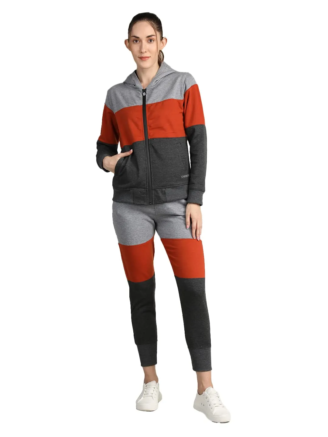 CHKOKKO Women Winter Sports Zipper Hooded Stylish Jacket LightGrey Orange DarkGrey XXL