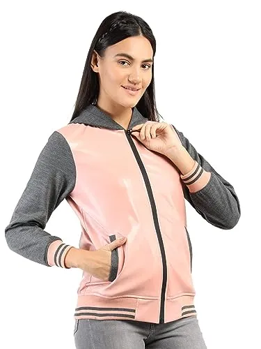 CHKOKKO Women Winter Sports Zipper Hooded Stylish Jacket LightPinkAnthra Size S