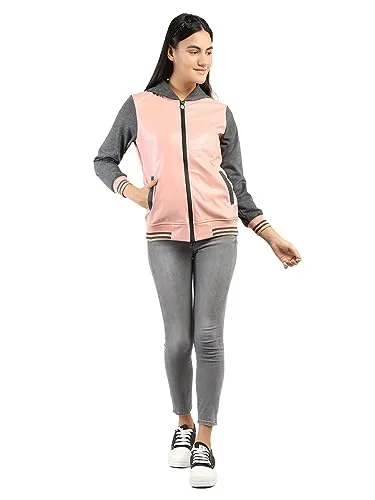 CHKOKKO Women Winter Sports Zipper Hooded Stylish Jacket LightPinkAnthra Size S