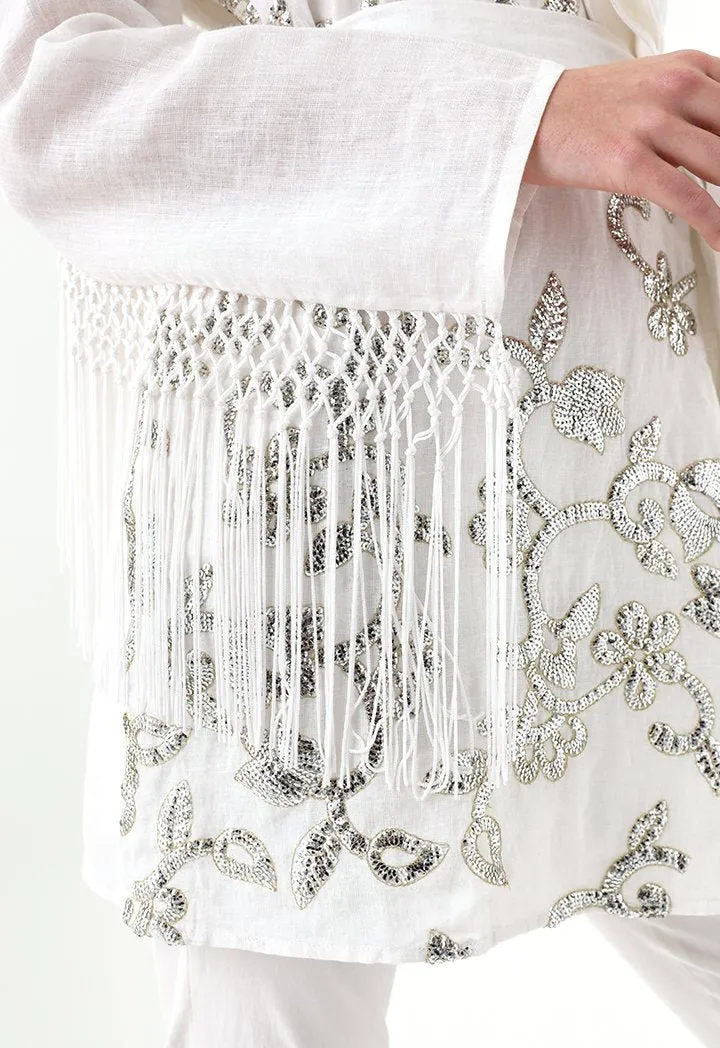 Choice Sequins Embroidery Kimono Jacket White