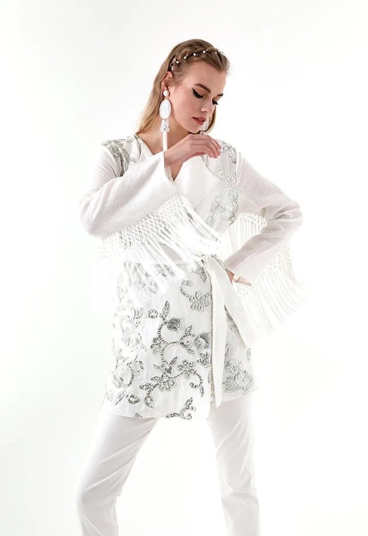 Choice Sequins Embroidery Kimono Jacket White