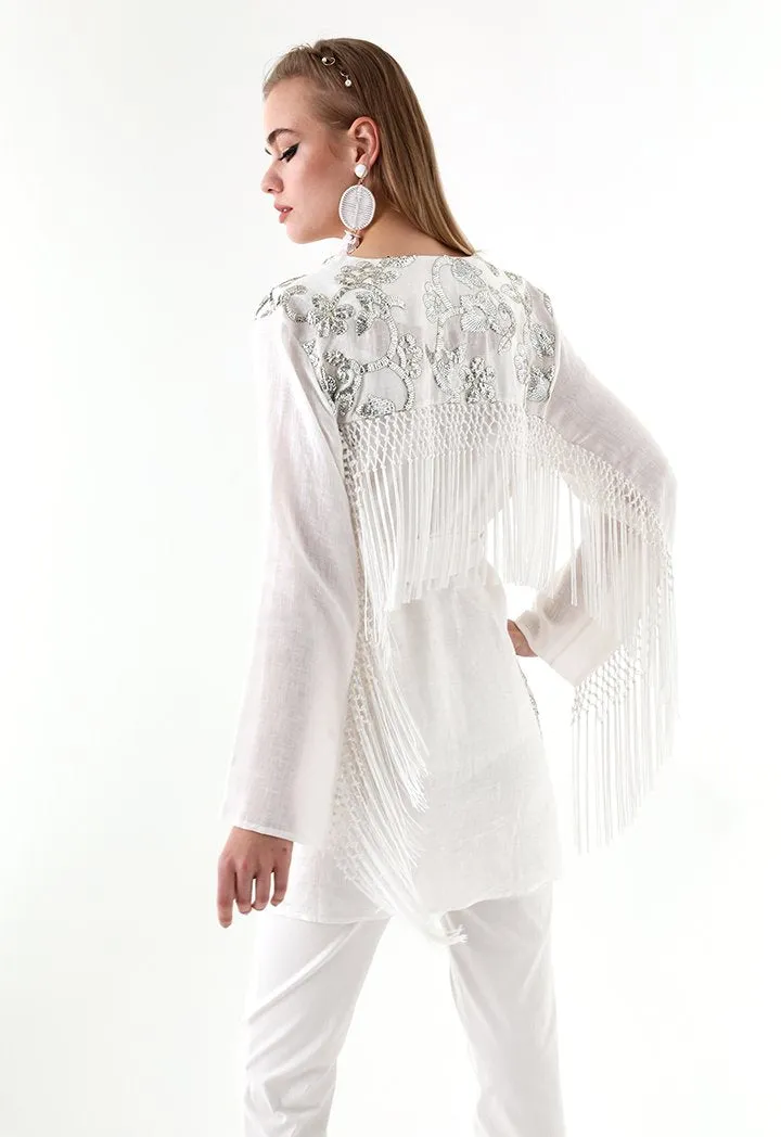 Choice Sequins Embroidery Kimono Jacket White