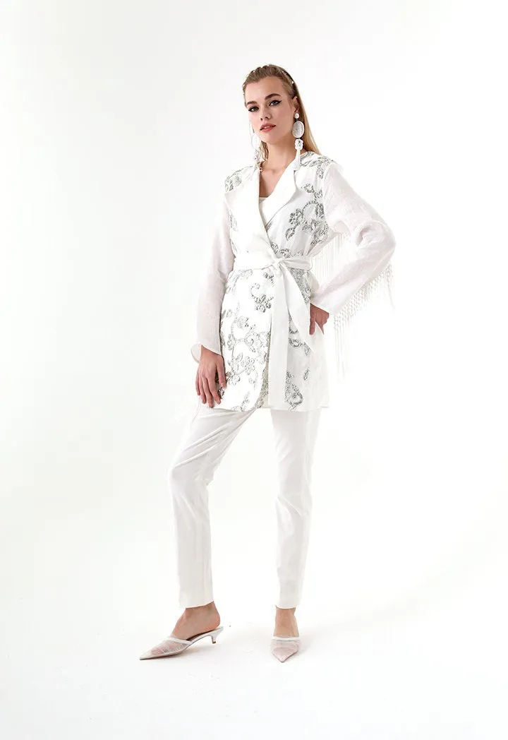 Choice Sequins Embroidery Kimono Jacket White