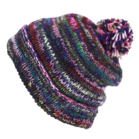 Chunky Wool Knit Beanie Bobble Hat - SD Purple Mix