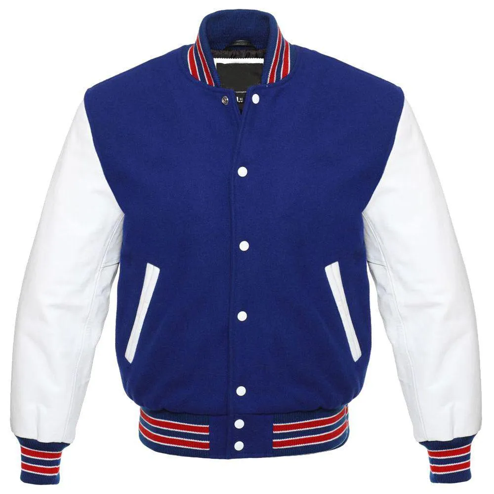 Classic Blue and White Varsity Jacket with Customizable Logos