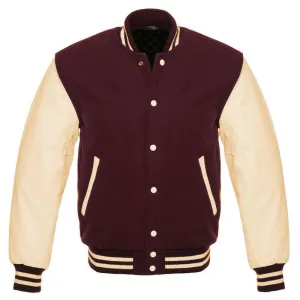 Classic Maroon and Cream Varsity Jacket with Customizable Logos