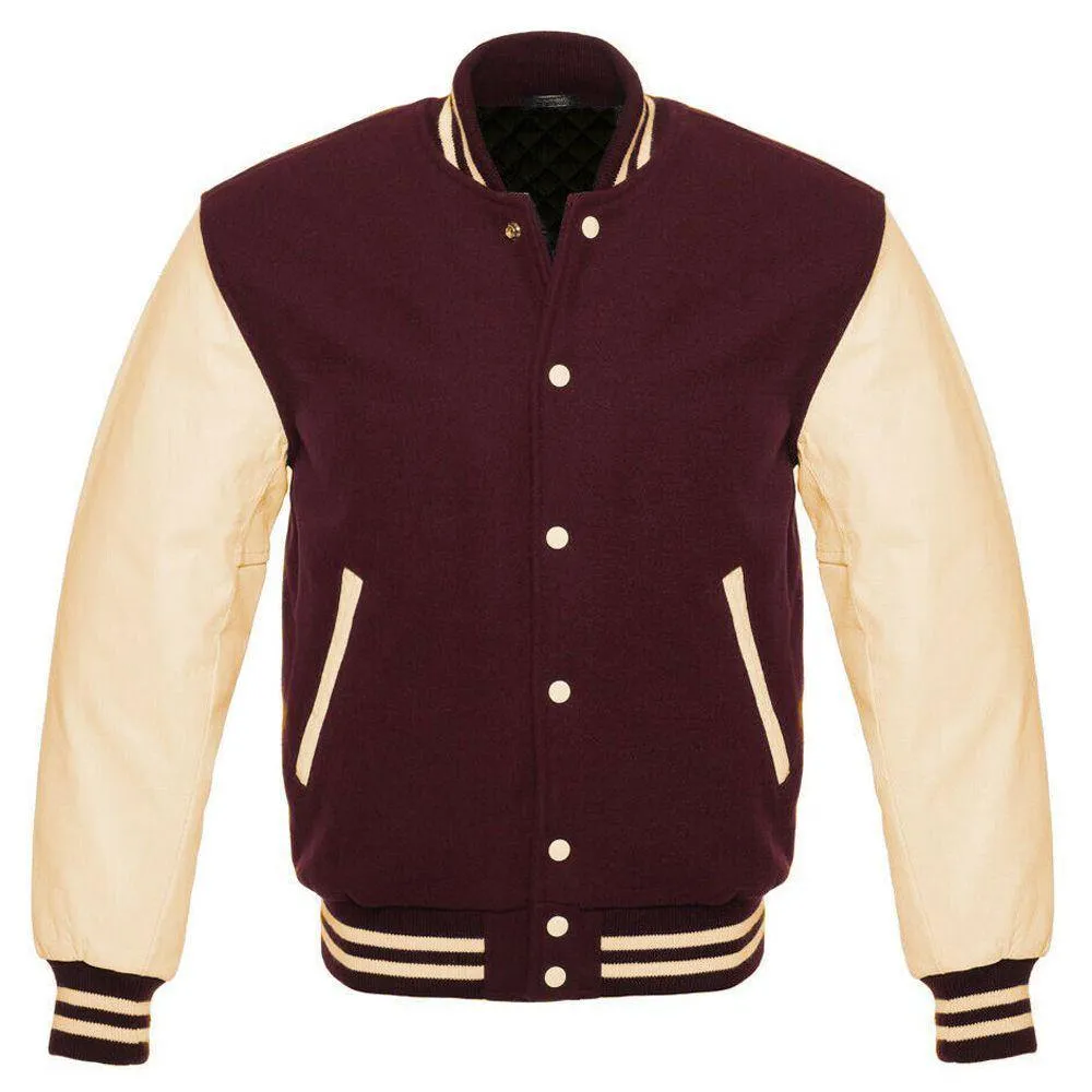 Classic Maroon and Cream Varsity Jacket with Customizable Logos