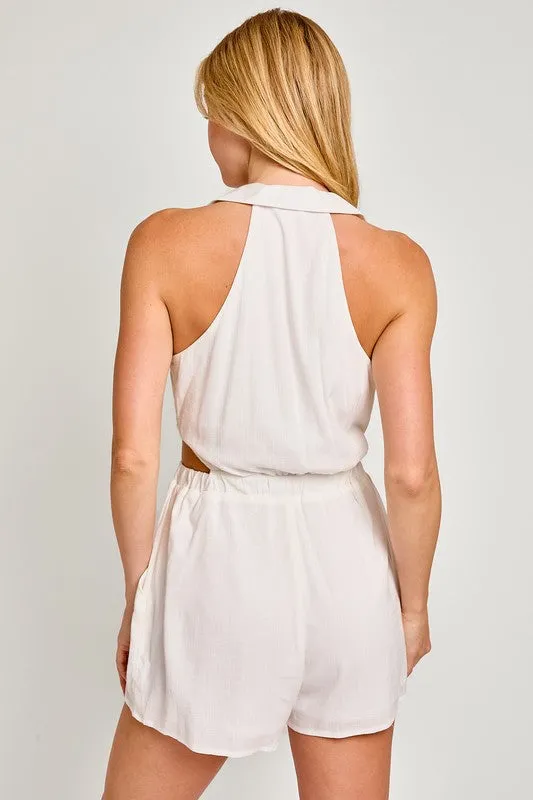 Collared Sleeveless Romper White Shorts Jumpsuit