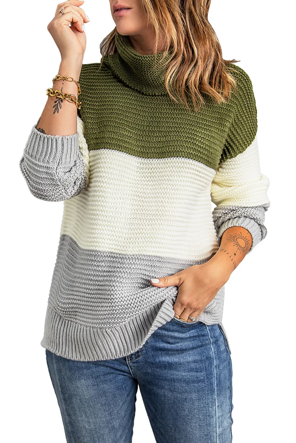 Color Block Knitted Pullover Cowl Neck Sweater for Women