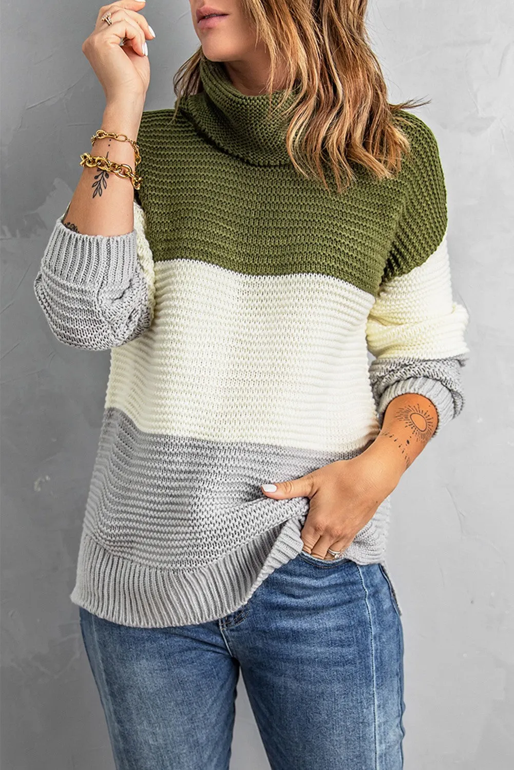 Color Block Knitted Pullover Cowl Neck Sweater for Women