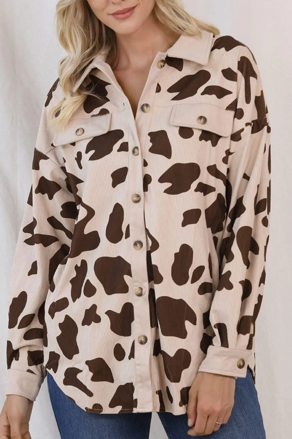 Cow Print Button Up Corduroy Shacket