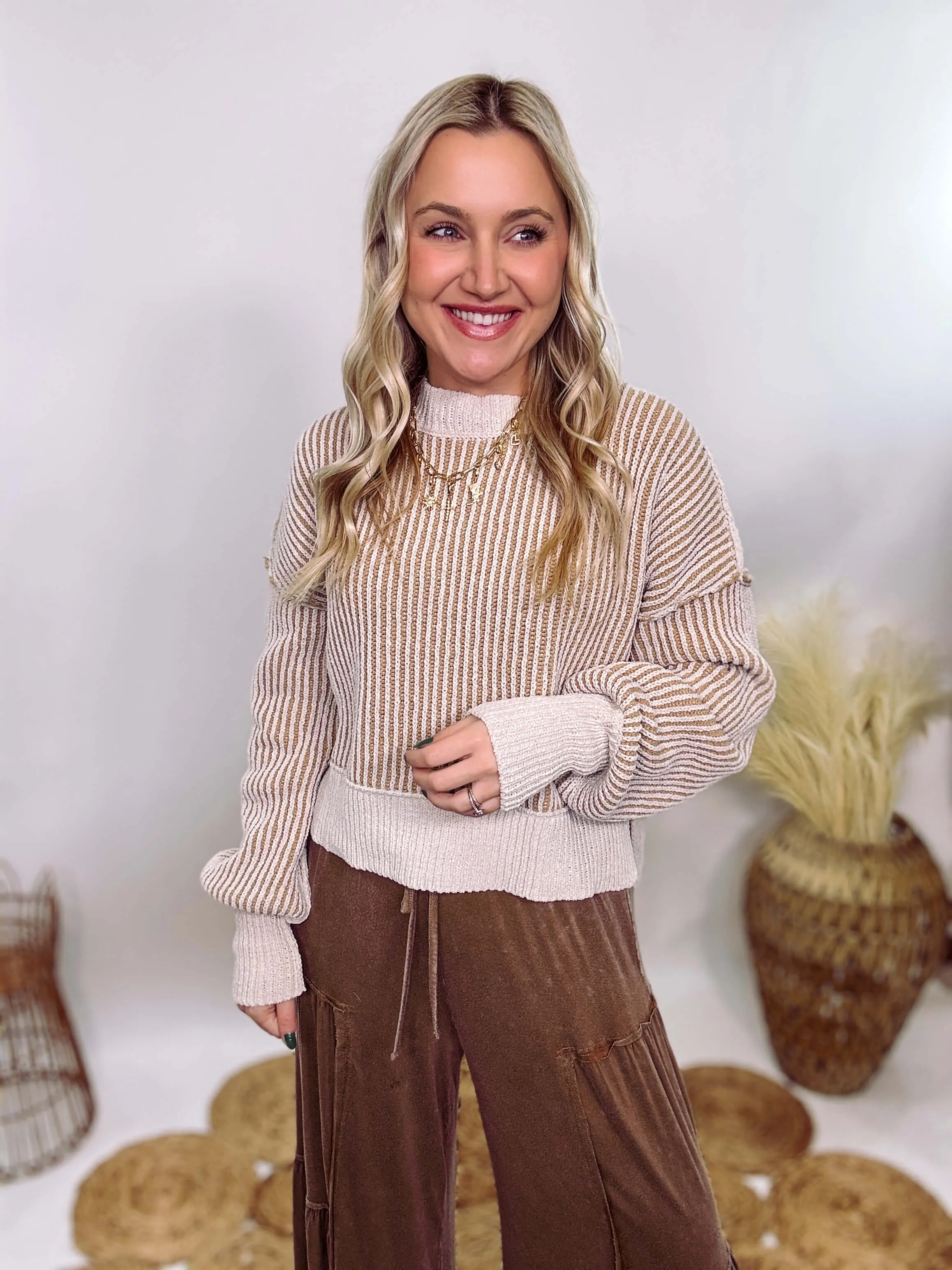 Cream and Brown Two-Tone Neutral Ribbed Sweater