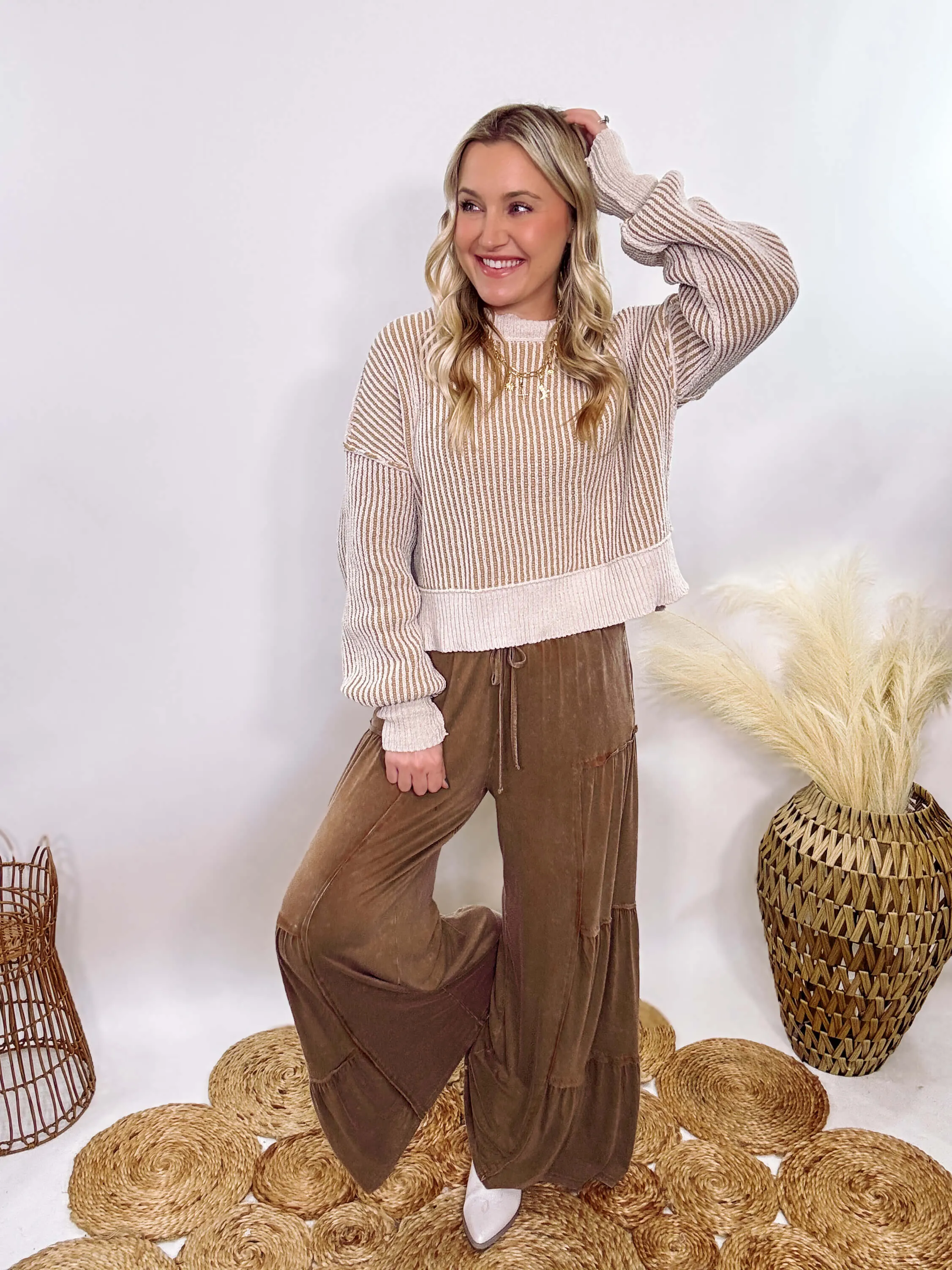 Cream and Brown Two-Tone Neutral Ribbed Sweater