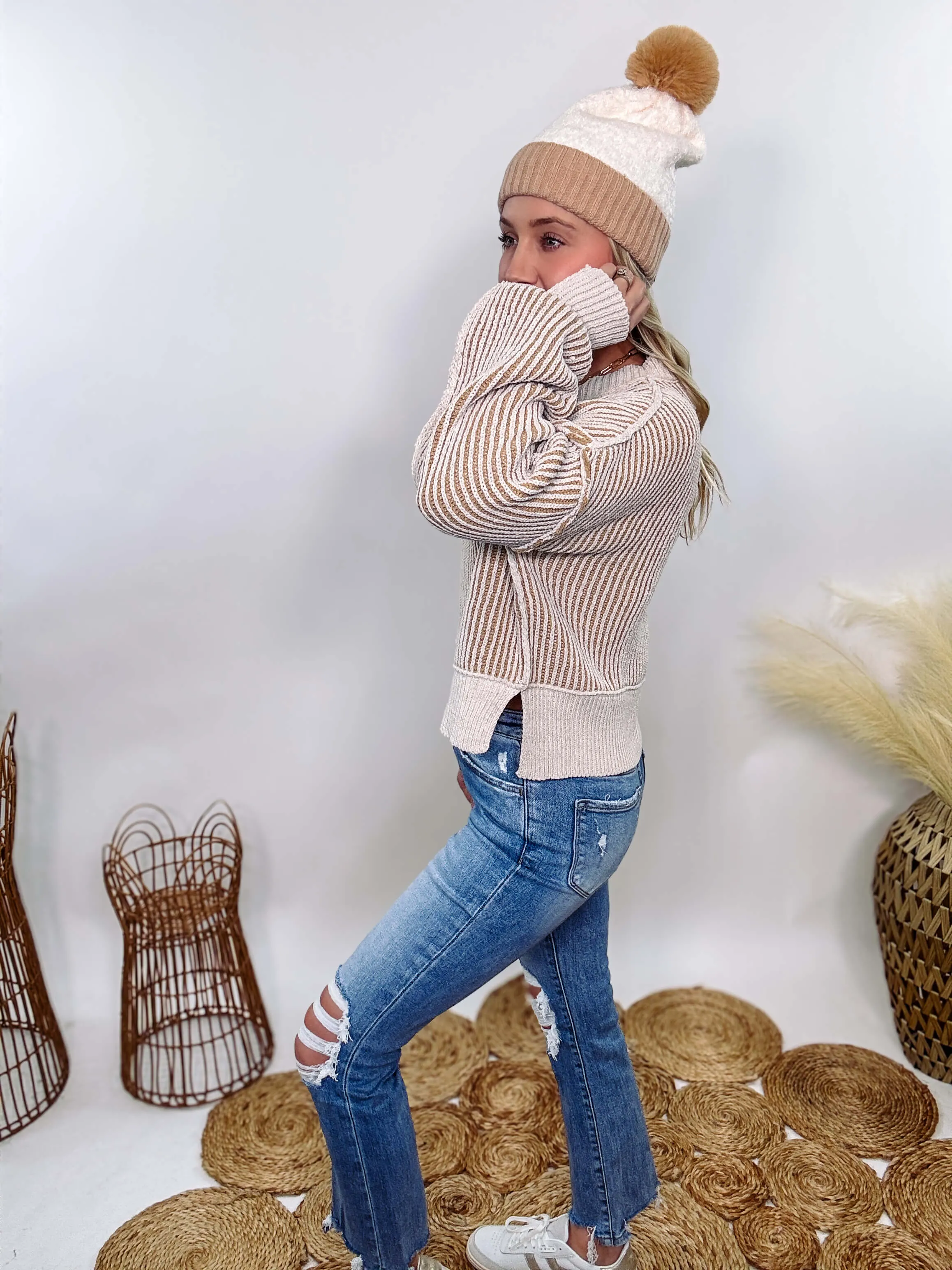 Cream and Brown Two-Tone Neutral Ribbed Sweater