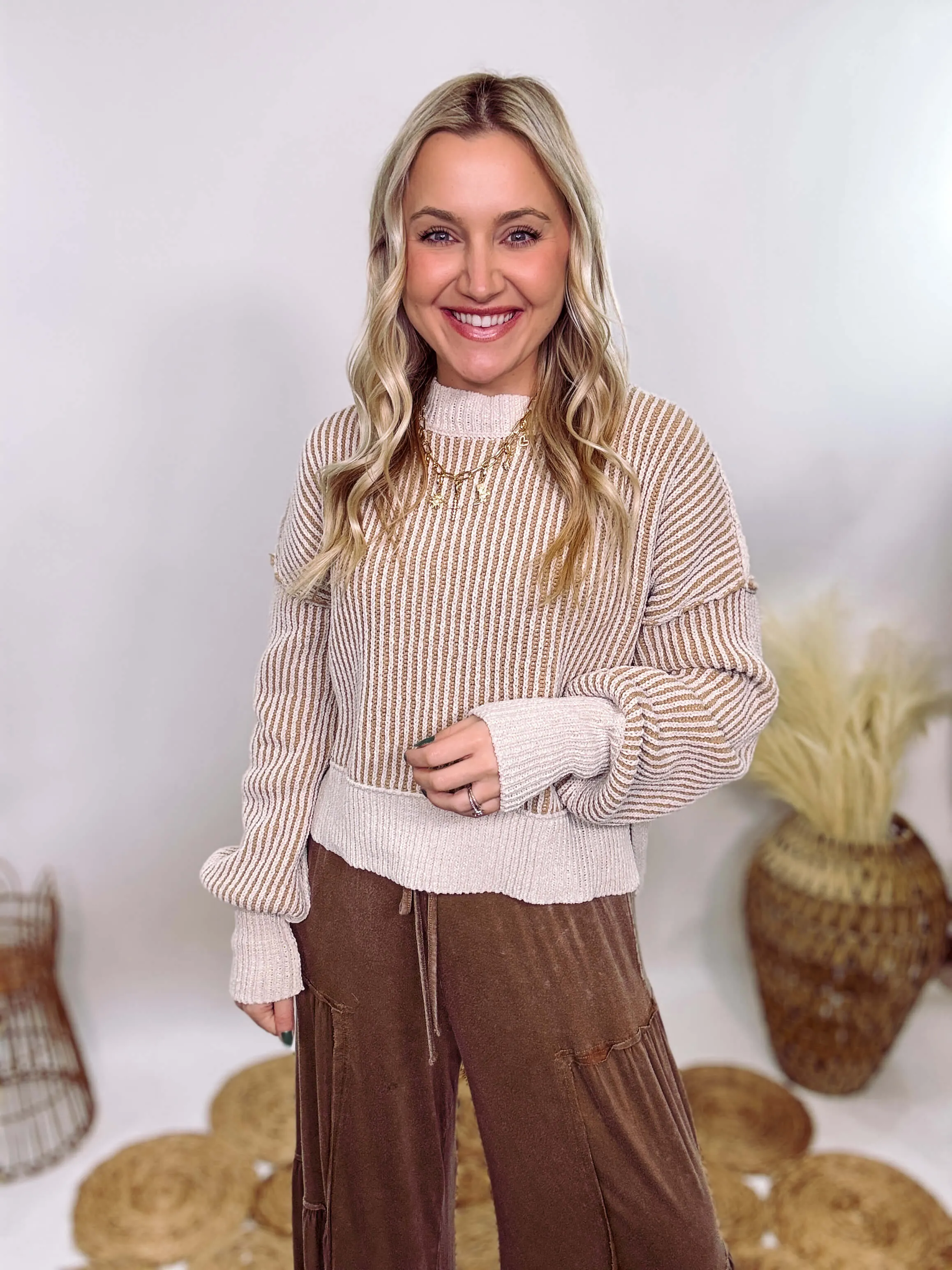 Cream and Brown Two-Tone Neutral Ribbed Sweater