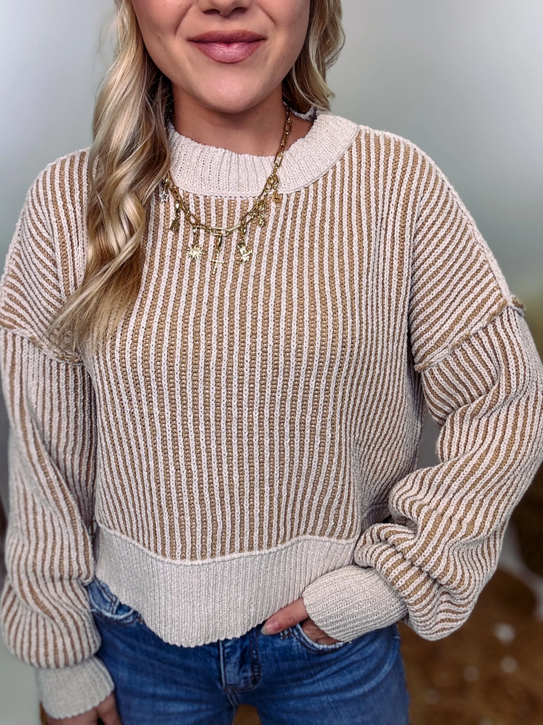 Cream and Brown Two-Tone Neutral Ribbed Sweater