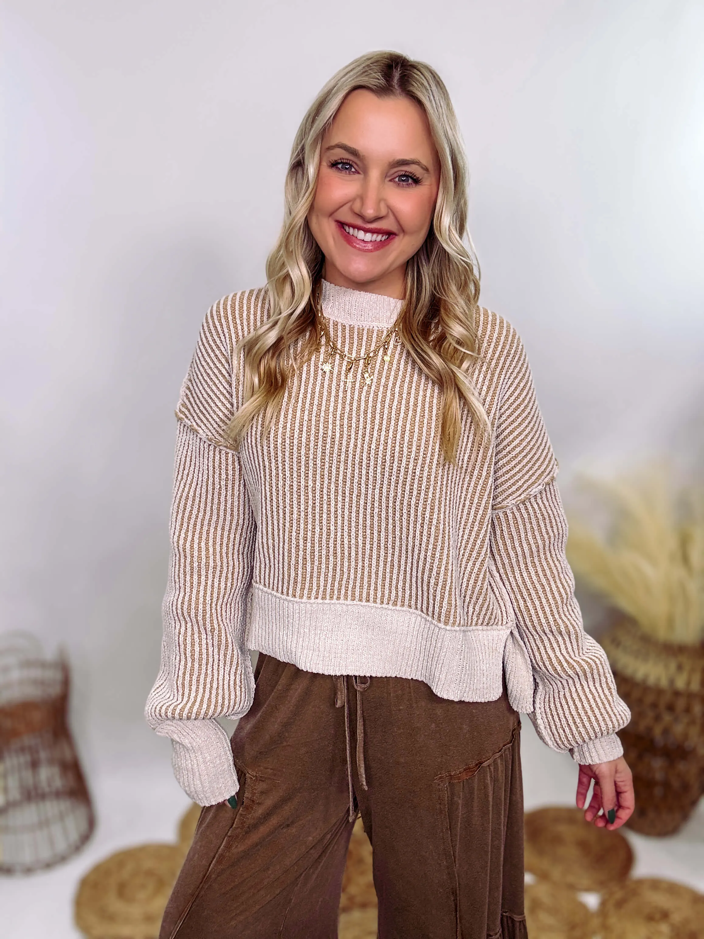 Cream and Brown Two-Tone Neutral Ribbed Sweater