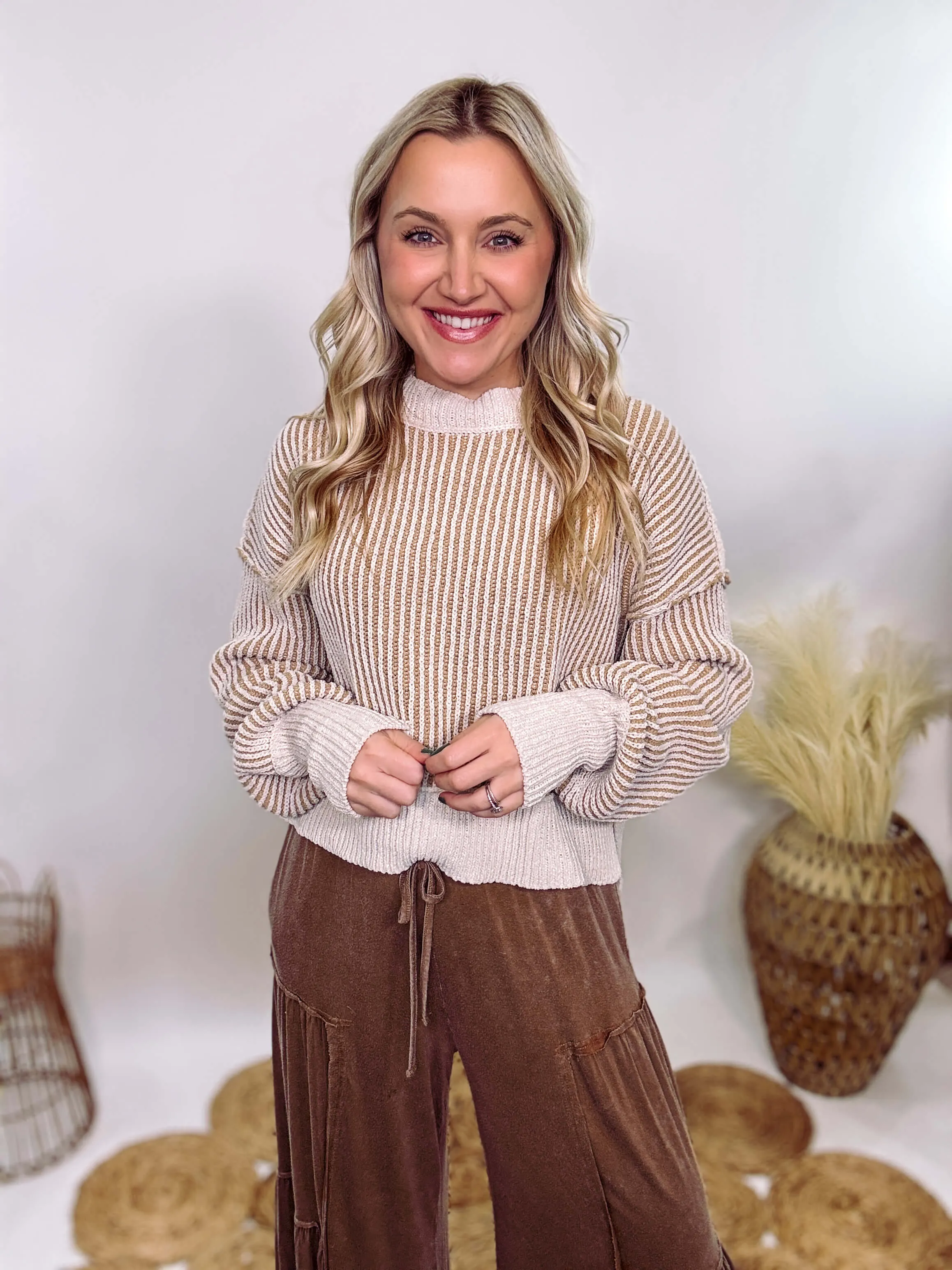 Cream and Brown Two-Tone Neutral Ribbed Sweater