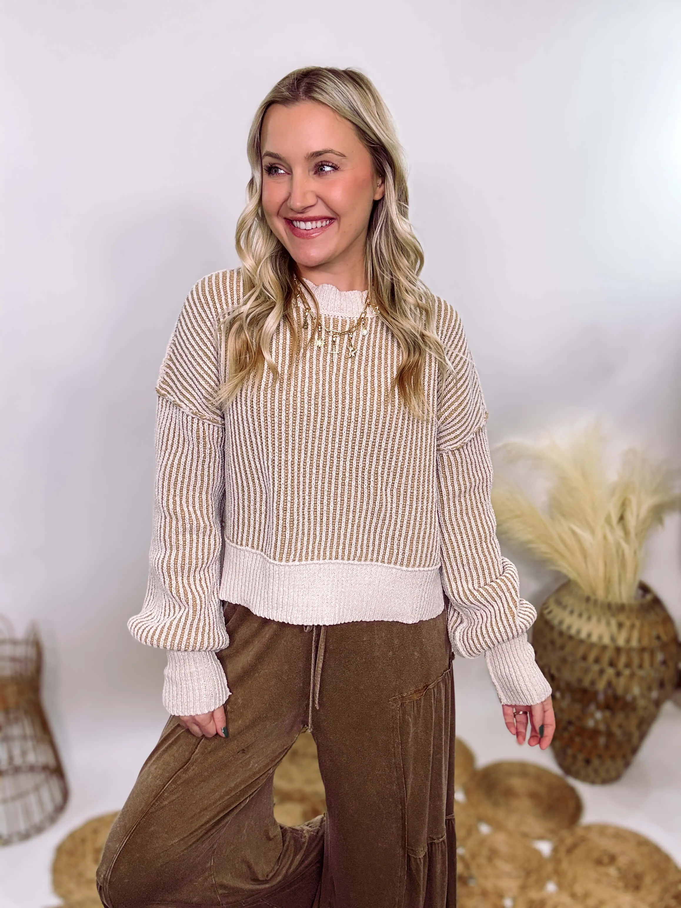 Cream and Brown Two-Tone Neutral Ribbed Sweater