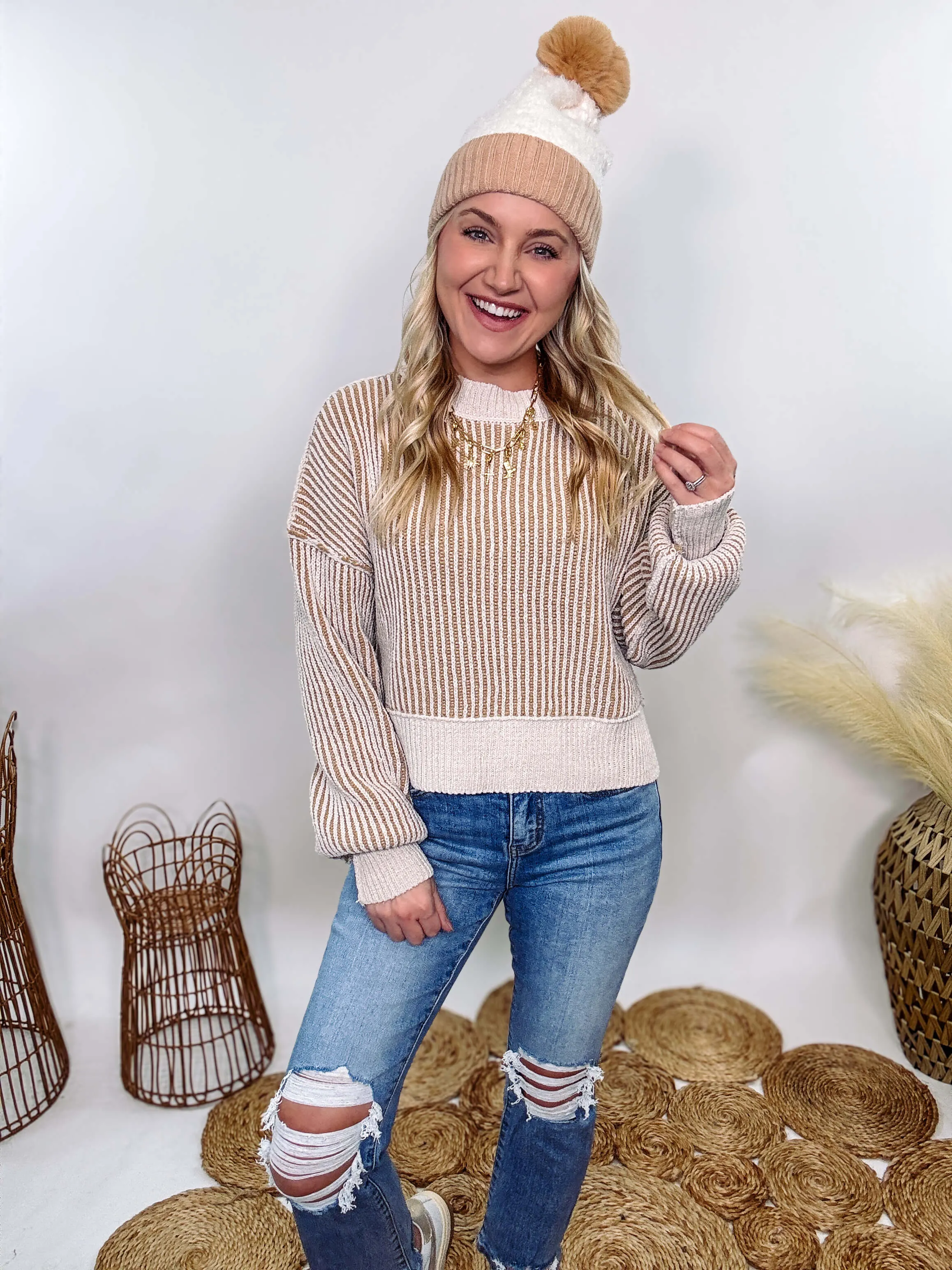 Cream and Brown Two-Tone Neutral Ribbed Sweater