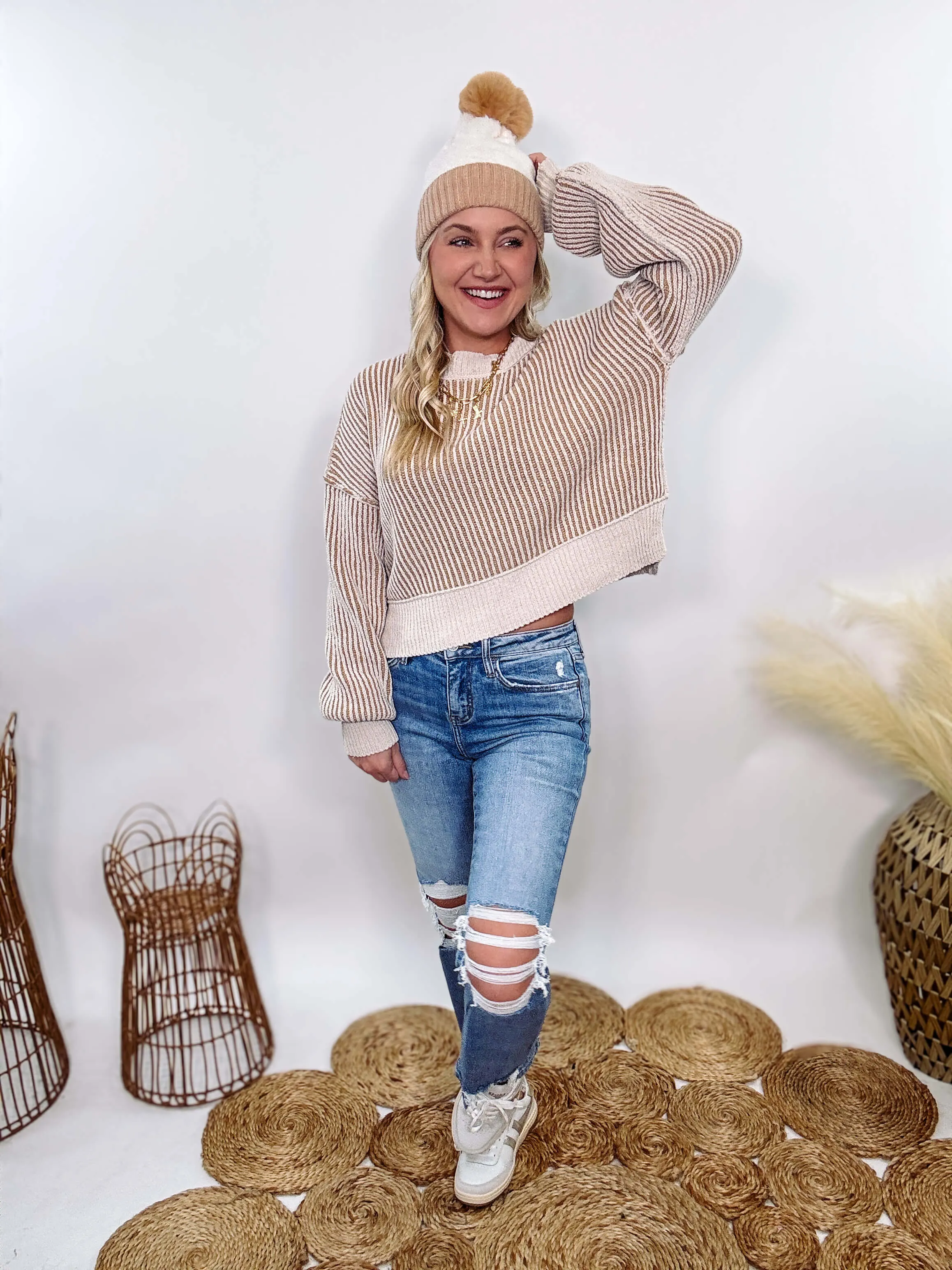 Cream and Brown Two-Tone Neutral Ribbed Sweater