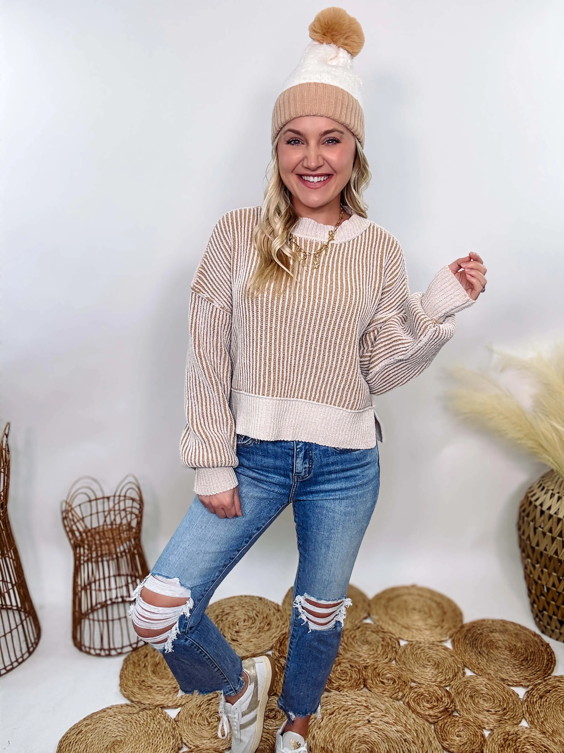 Cream and Brown Two-Tone Neutral Ribbed Sweater