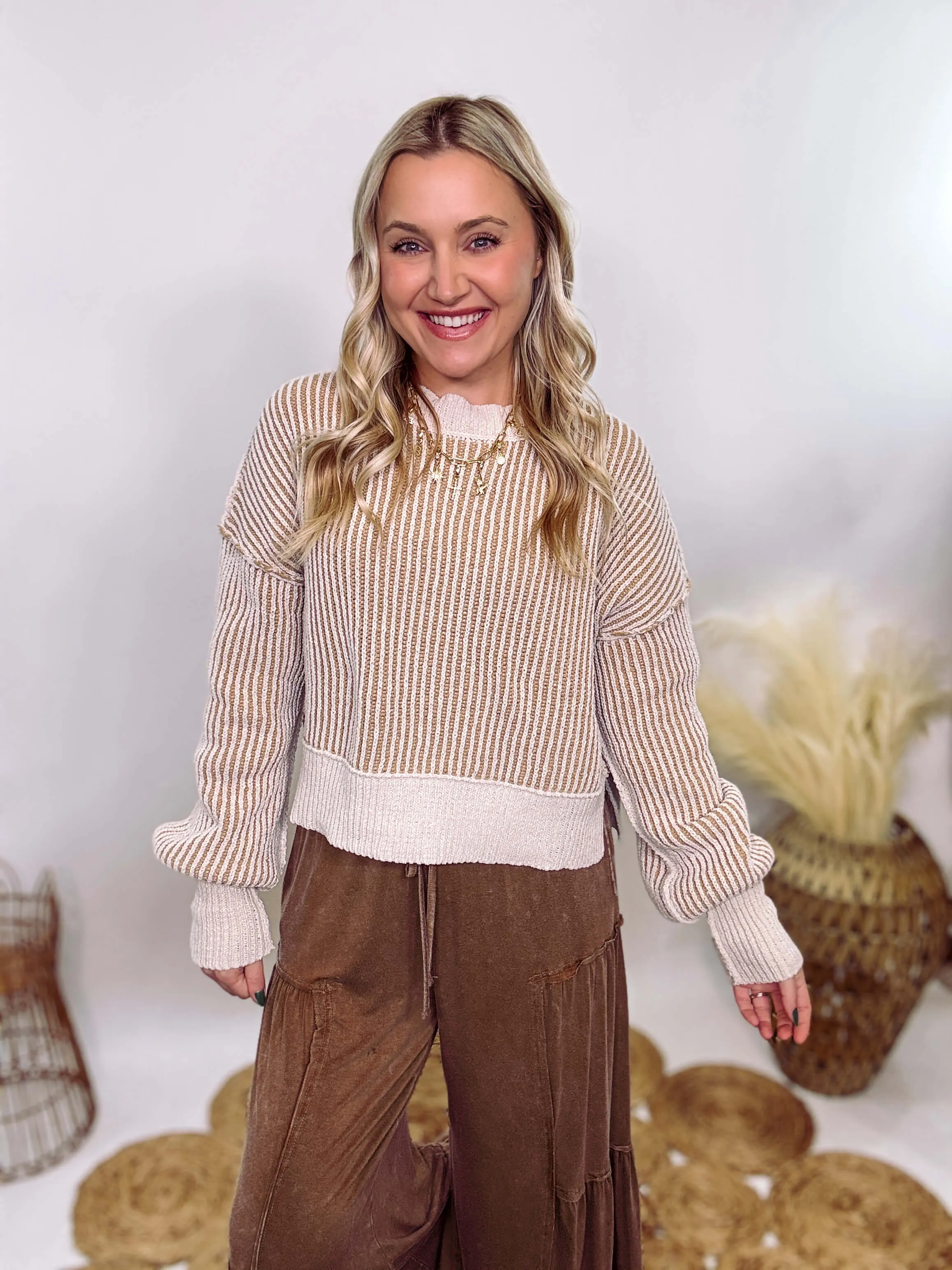 Cream and Brown Two-Tone Neutral Ribbed Sweater