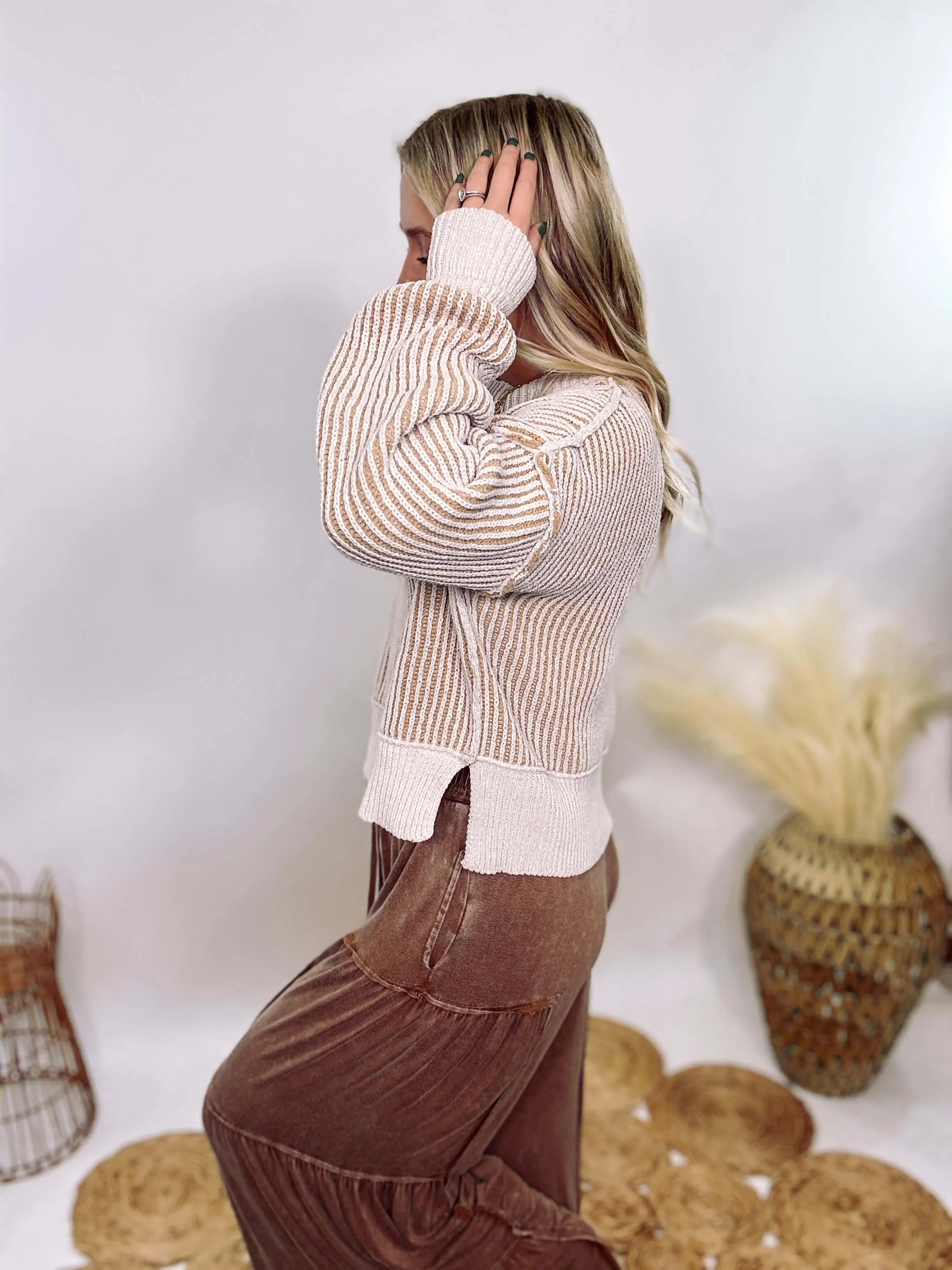 Cream and Brown Two-Tone Neutral Ribbed Sweater