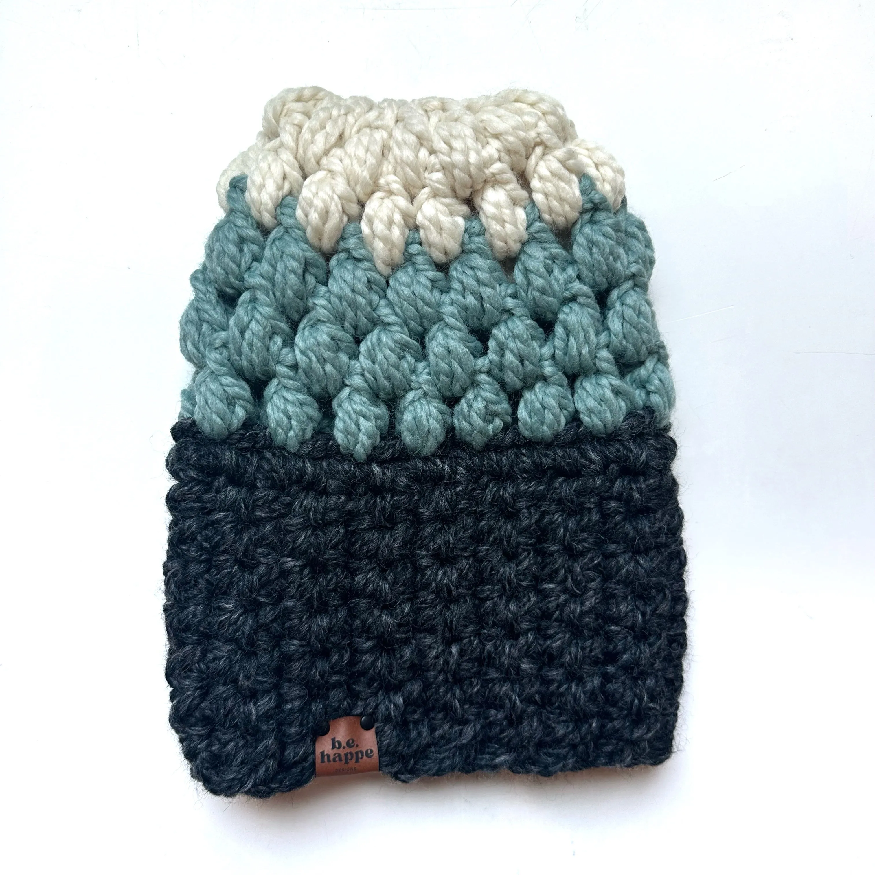 Crochet Puff Stitch Slouch Hat | Charcoal   Blue   Off White