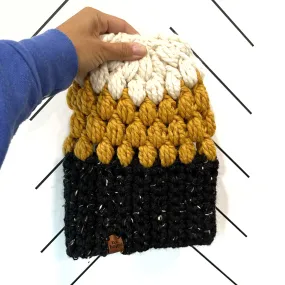 Crochet Puff Stitch Slouch Hat | Obsidian Black   Mustard Yellow   Off White