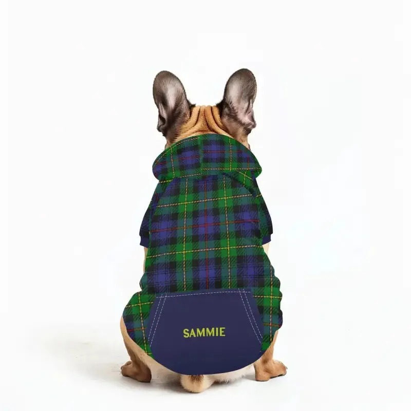 Custom Blue Plaid Dog Hoodie with Pockets for Stylish Pets