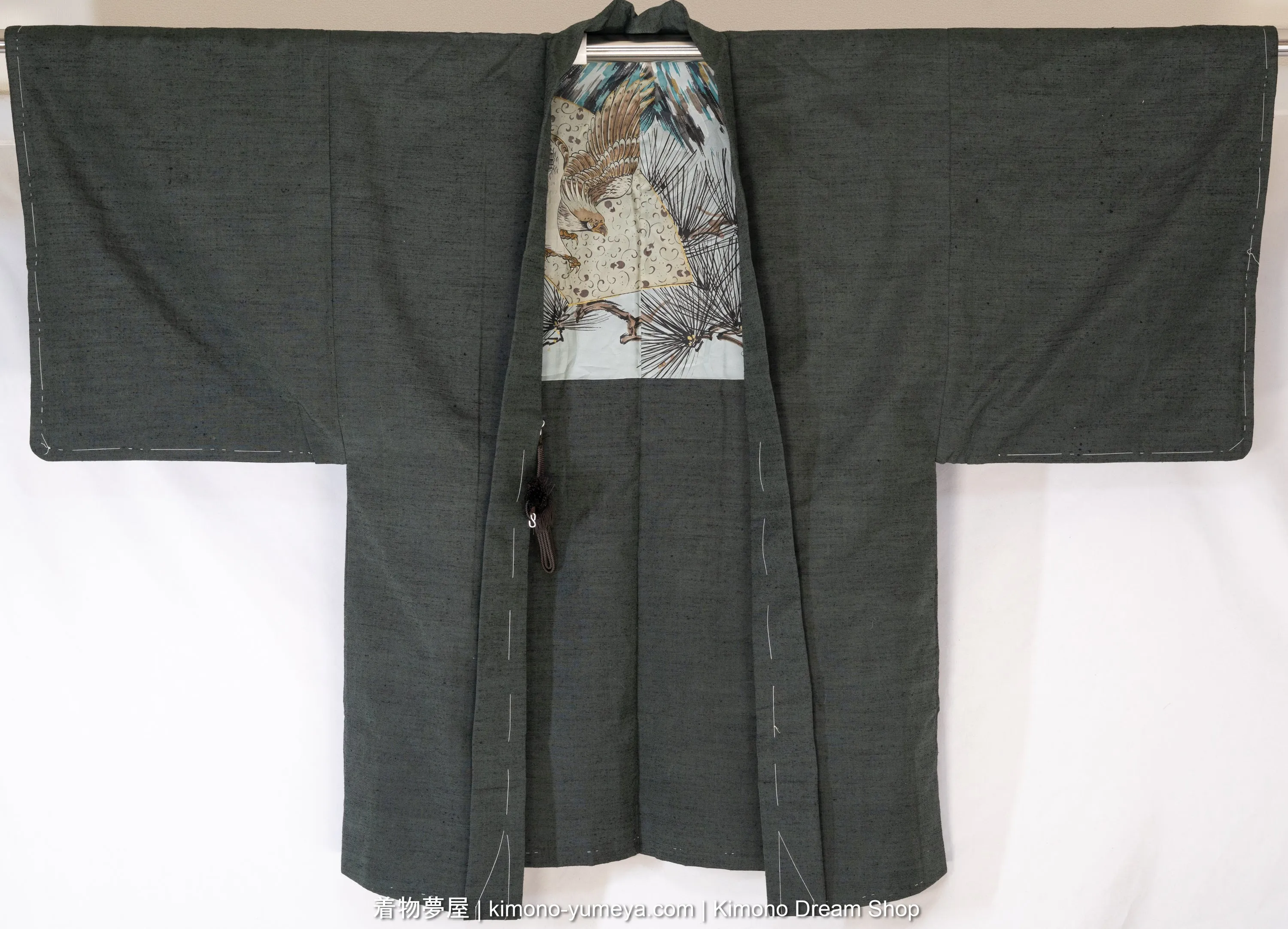 Dark Green Raw Silk & Wool Men's Haori - Vintage 1980s Traditional Japanese Kimono Jacket - Mount Fuji, Hawk, & Pine Trees on Lining