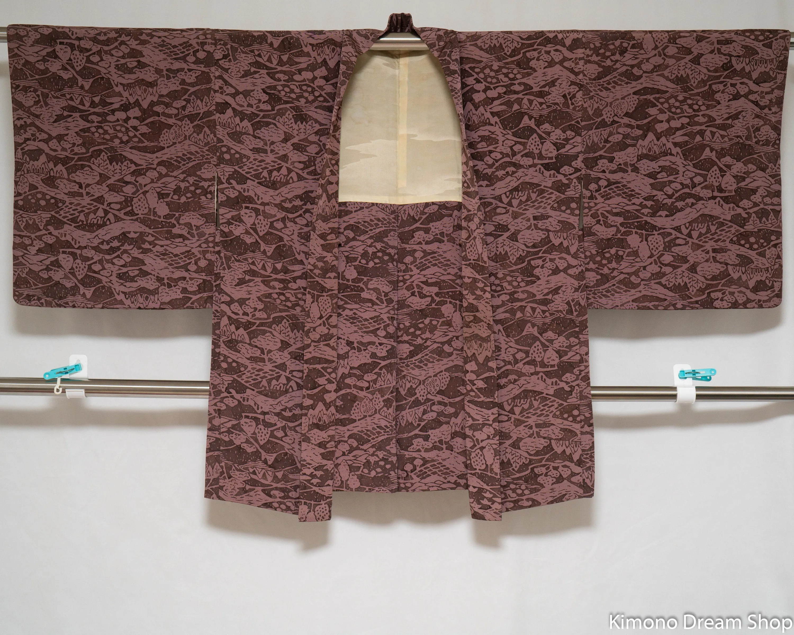 Dark Purple Silk Haori - Komon Small Patterns - Scenic Designs Trees Hills Plants - Vintage Kimono Jacket Japanese Fashion