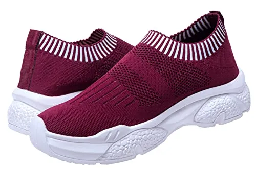 DEEUCO Women's Running Sports Shoes Slip On Walking Shoes for Girls (Maroon, 7-UK)