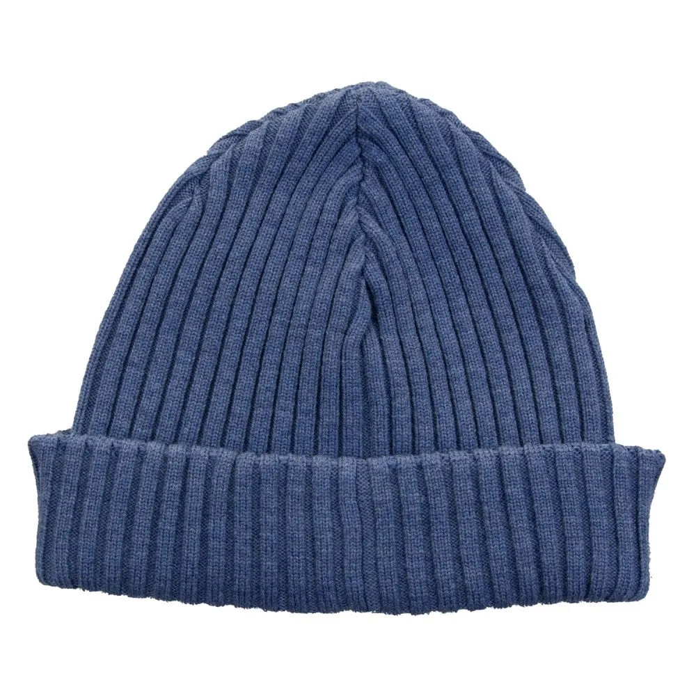 Denim Blue Ribbed Knit Wool Beanie with Iconic Badge - Paul & Shark