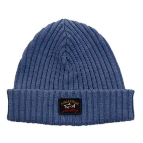 Denim Blue Ribbed Knit Wool Beanie with Iconic Badge - Paul & Shark