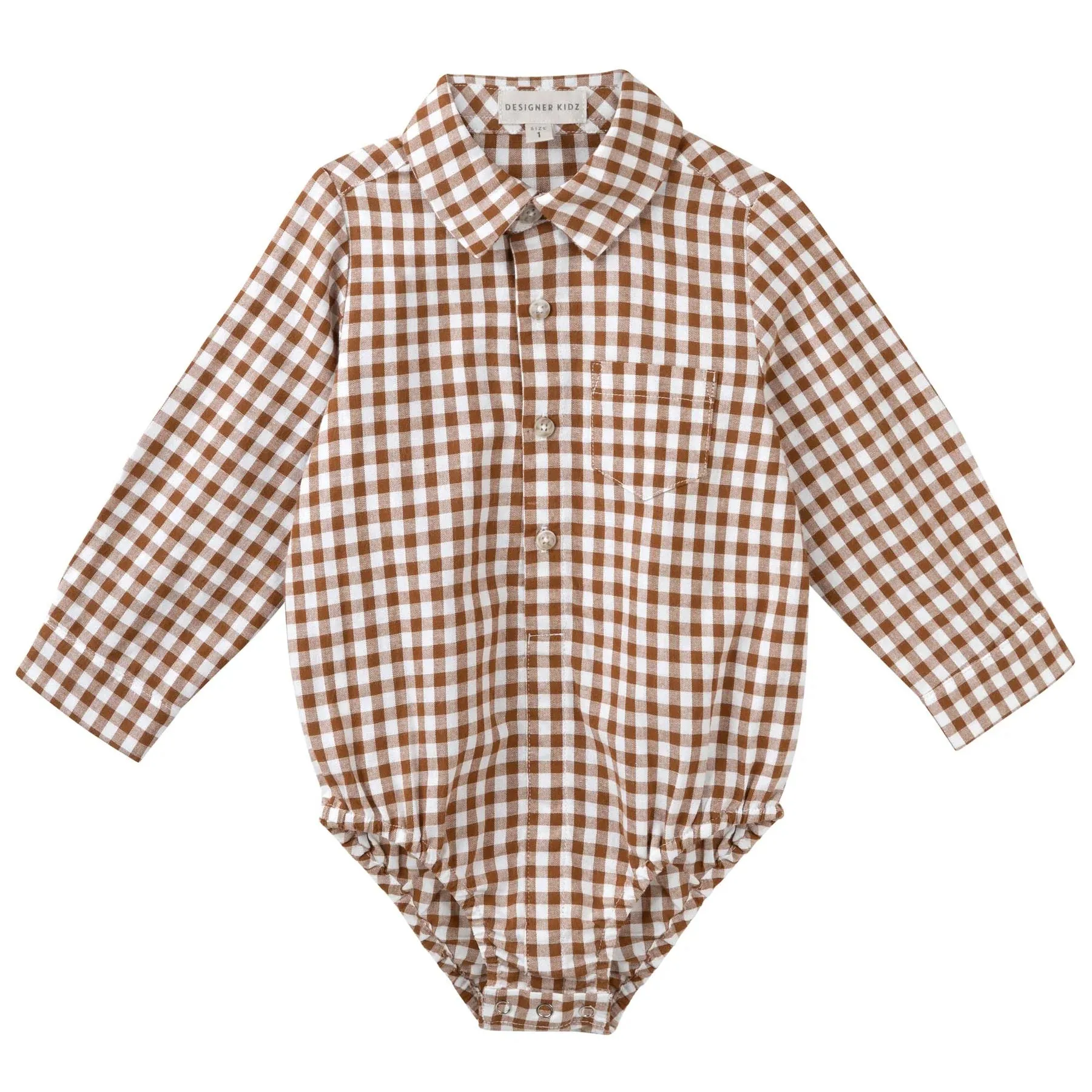 Designer Kidz Oliver Button Romper - Cocoa Gingham